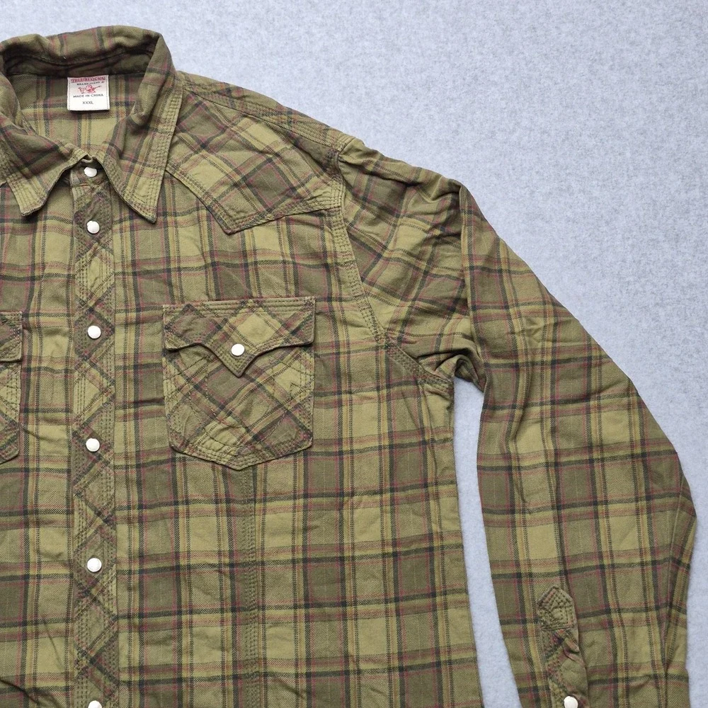 True Religion Shirt Mens 3XL Olive Green Western Pearl Snap Plaid Long Sleeve